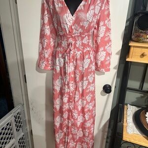 4/$16 NoraCora Pink and White Leaf Print Full Length Maxi Dress NWT